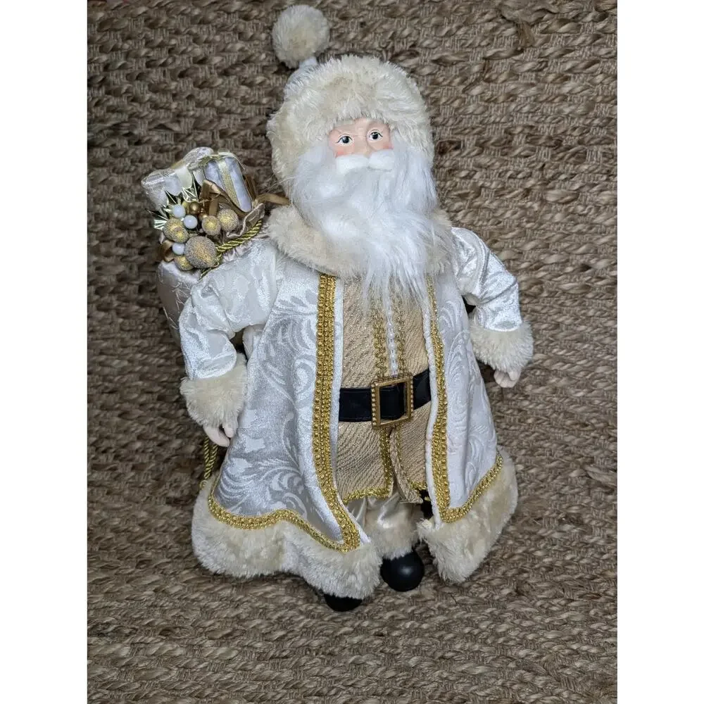 Large Winter White Gold Trim Santa Claus Faux Fur Christmas Holiday Decor 20